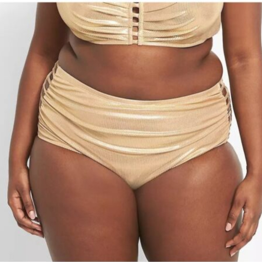 Plus Size 26 28 Lane Bryant gold Ribbed Strappy-Side Swim Brief swimsuit Bottoms